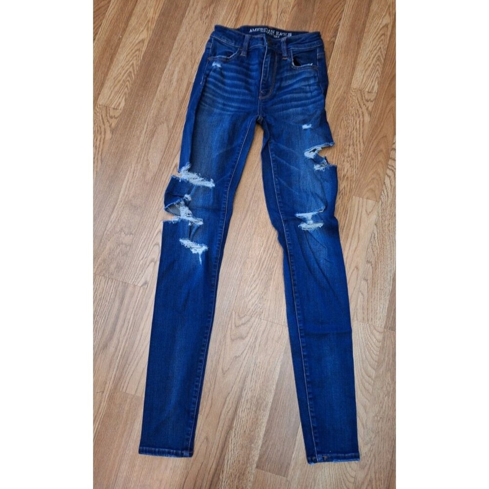 American Eagle Outfitters Super Stretch Distressed Blue Long Jeggings Jeans Sz 0